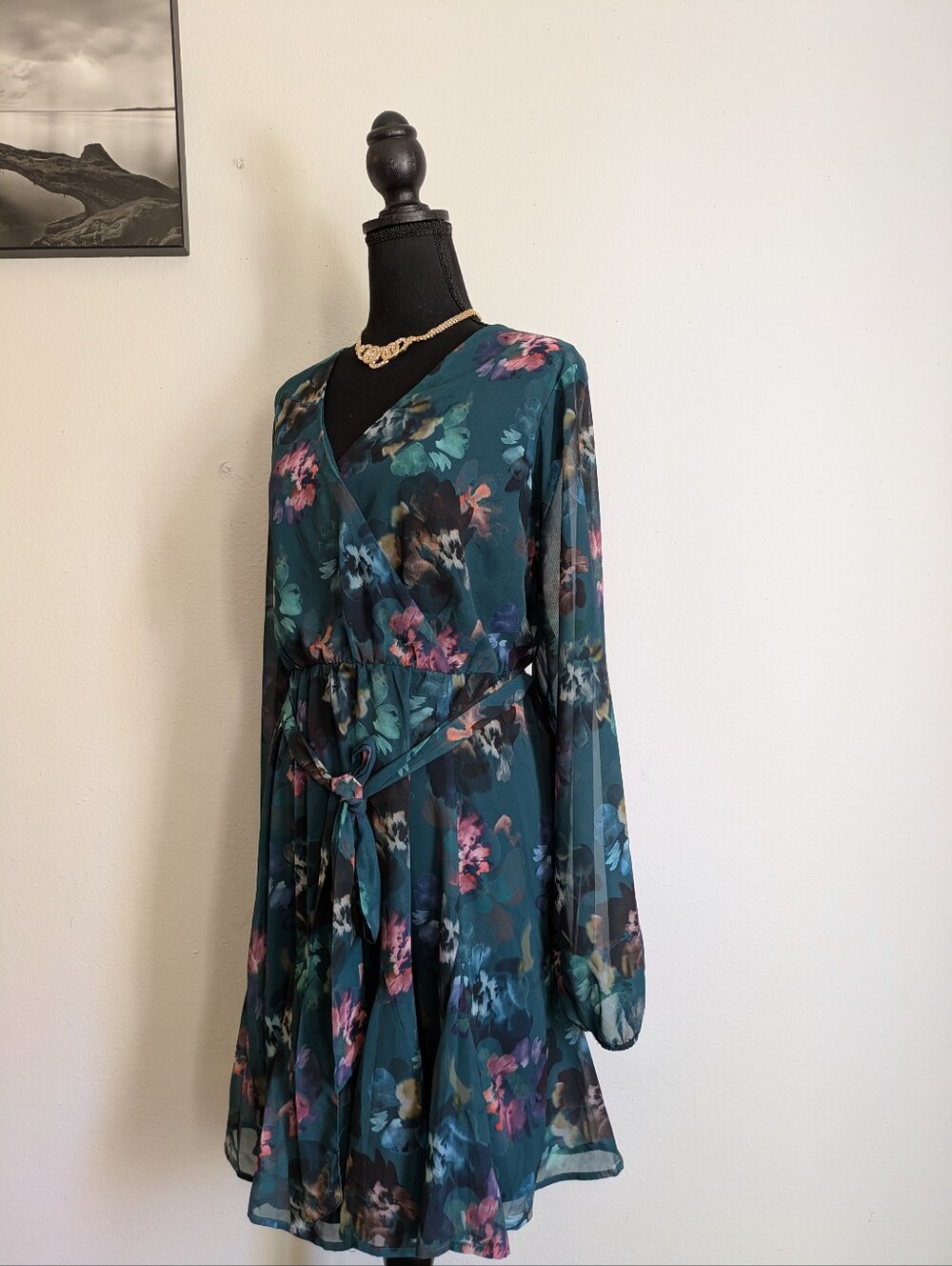 Torrid Dark Teal Floral Faux Wrap Mini Dress Chiffon Long Sleeve Size 2 / 2X
